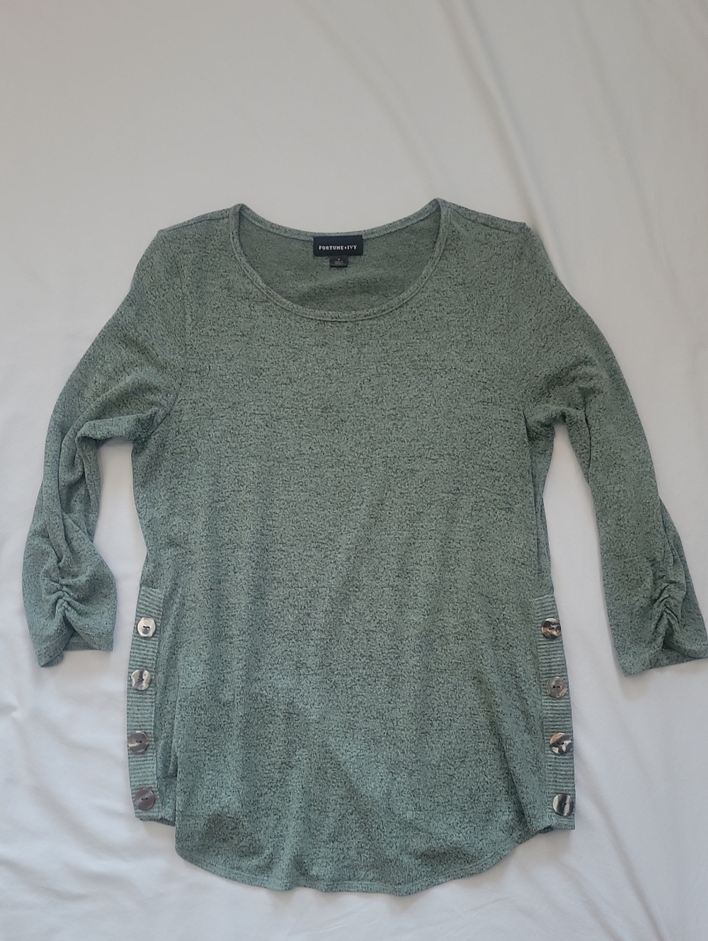 Fortune + Ivy Sage Green 3/4 Sleeve Knit Top with Side Button Detail